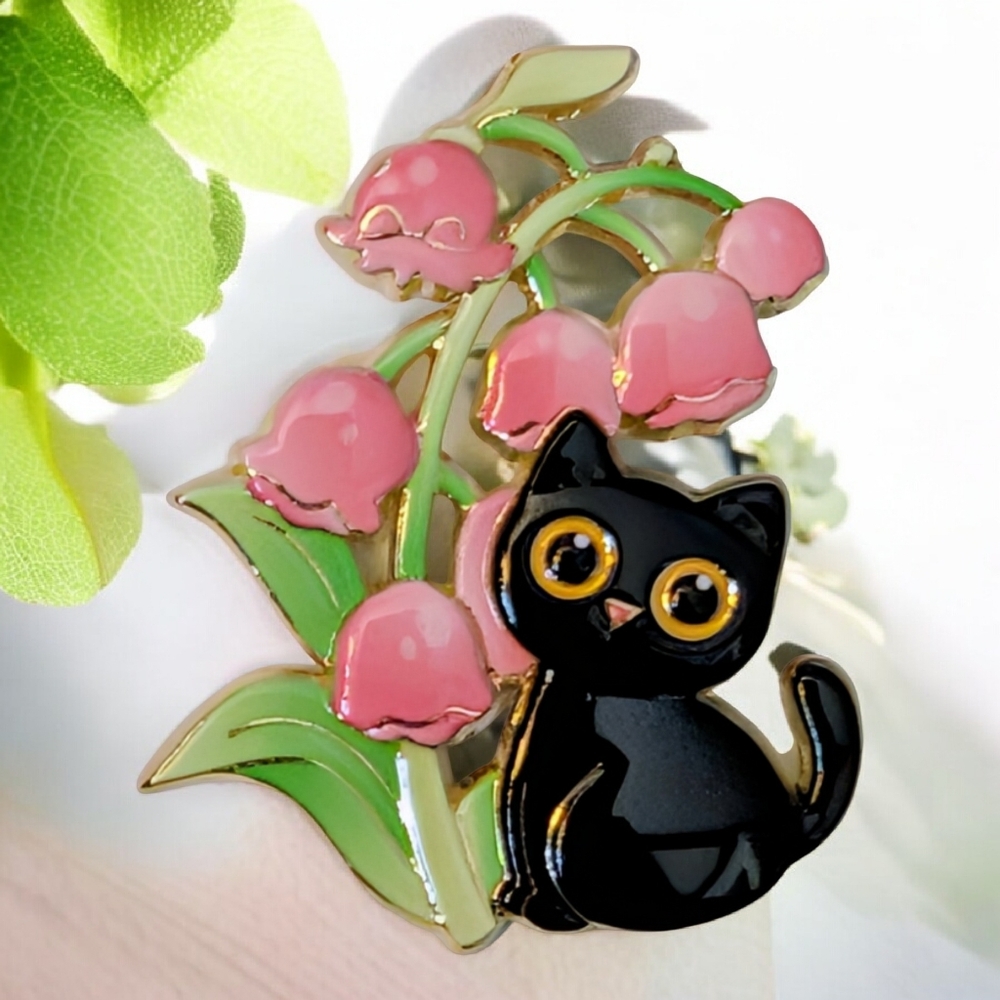 Black Cat and Pink Flower Enamel Pin